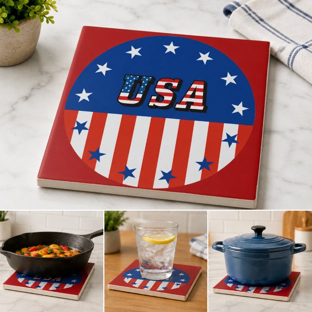 EUA - Bandeira Americana e Estrelas em Círculo (USA - American Flag and Stars in Circle Ceramic Tile)