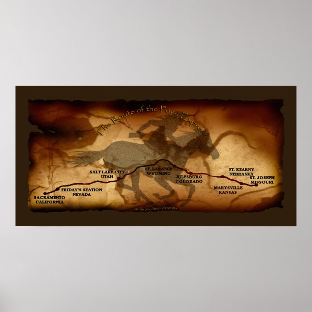 EUA Pony Express Map Route Art Poster (Frente)