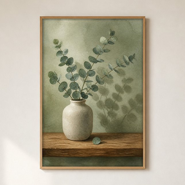 Eucalipto em Vaso de Grés Poster Aquarela (Shown framed for scale. Poster ships unframed; frames are an optional add-on.)