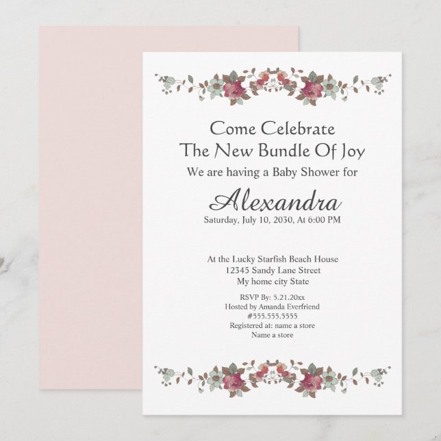 Eucalipto Floral Elegante, Cor-de-rosa (Frente/Verso)