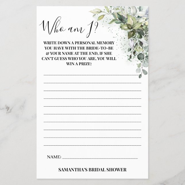 Eucalipto Quem sou eu? Cartão de jogo chá de panel (Frente)