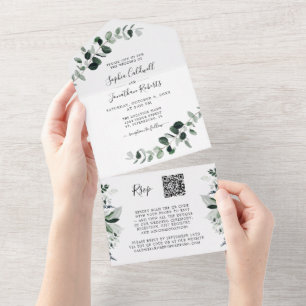 Eucalipto Verde QR Code RSVP Casamento Branco