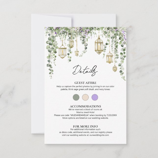 Eucalyptus and Purple Floral Wedding Details Card (Frente)