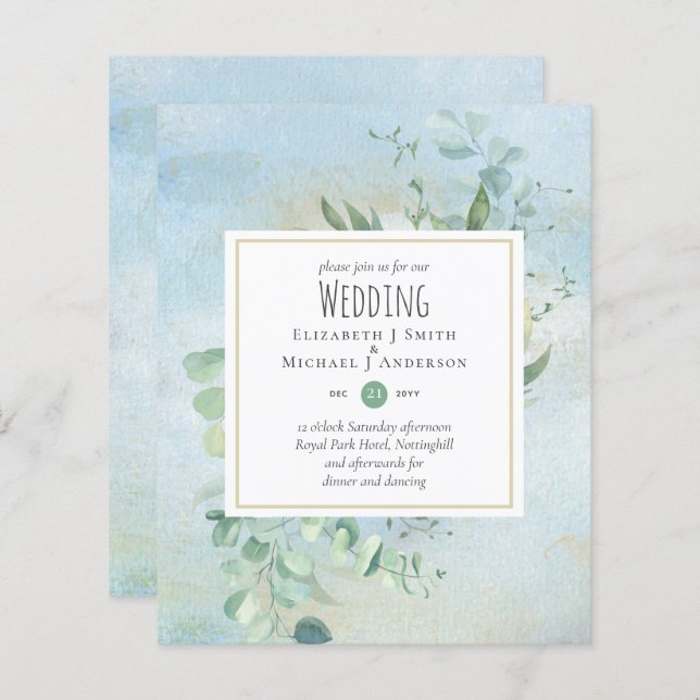 Eucalyptus Blue Weding BUDGET Invites (Frente/Verso)