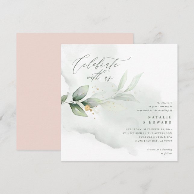 Eucalyptus blush cor-de-rosa script de casamento (Frente/Verso)