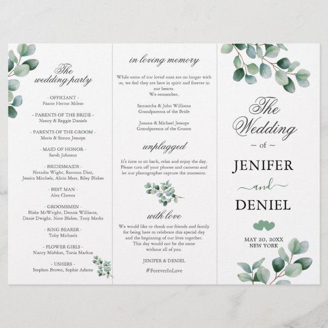 Eucalyptus Botanical Greenery  Wedding Programme (Frente)