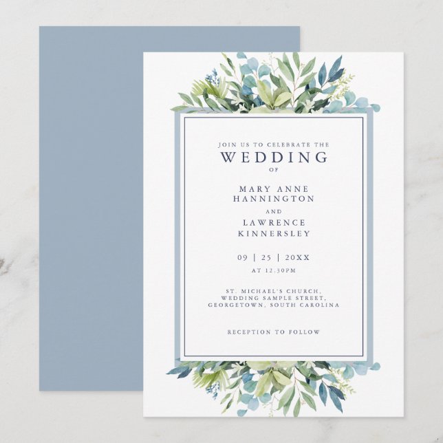 Eucalyptus - Convite para Casamento Dusty Blue Gre (Frente/Verso)