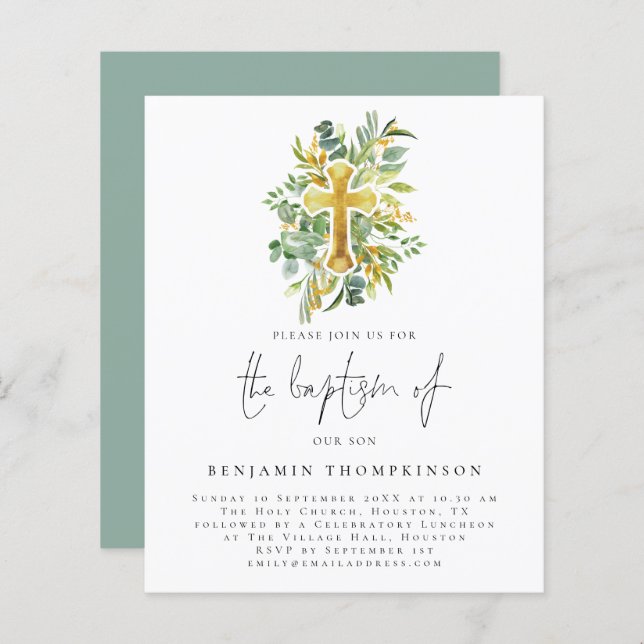 Eucalyptus Cross Baptism Teal Invite (Frente/Verso)