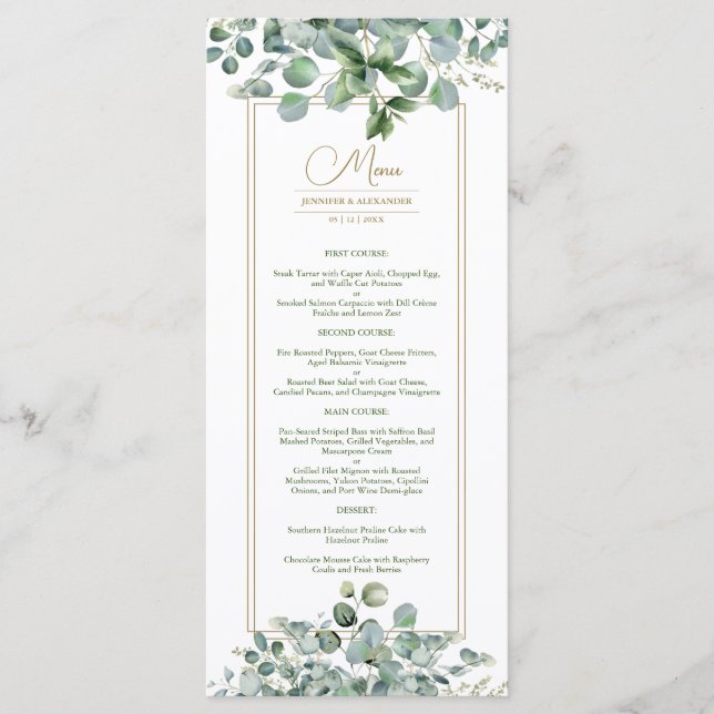 Eucalyptus deixa Dourado menu de casamento verde s (Frente)