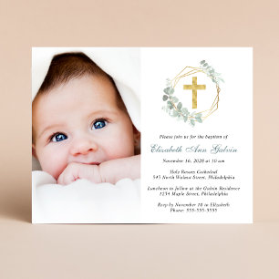 Eucalyptus Dourado Cross Photo Baptism Convite