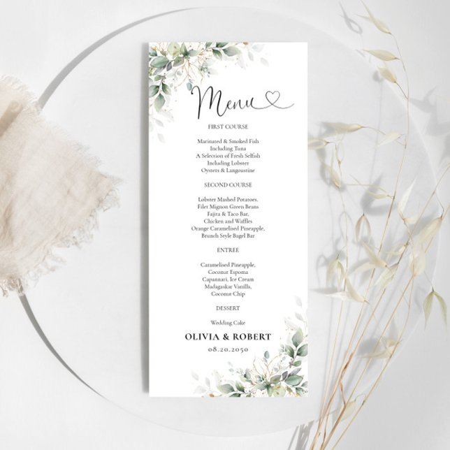 Eucalyptus Dourado Floral Greenery Menu Casamento (Criador carregado)