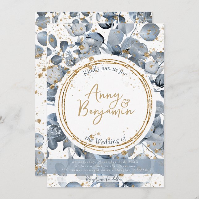 Eucalyptus Dourado Glitter - Convite Azul Dusty 1 (Frente/Verso)