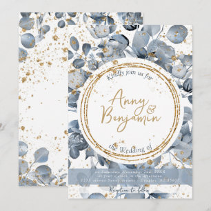 Eucalyptus Dourado Glitter - Convite Azul Dusty 1