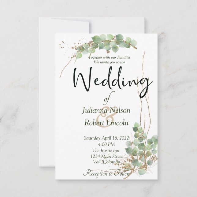 Eucalyptus e convite para o casamento do ouro (Frente)