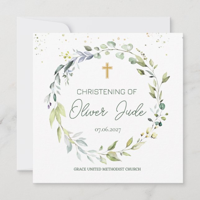 Eucalyptus Foliage Christening Convite (Frente)