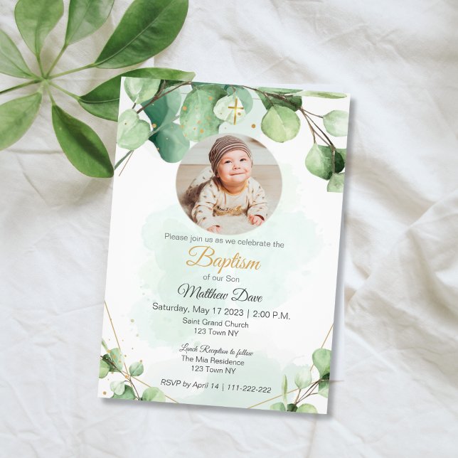 Eucalyptus green deixa foto do batismo Convite (Eucalyptus Green Leaves Photo Baptism Invitation)