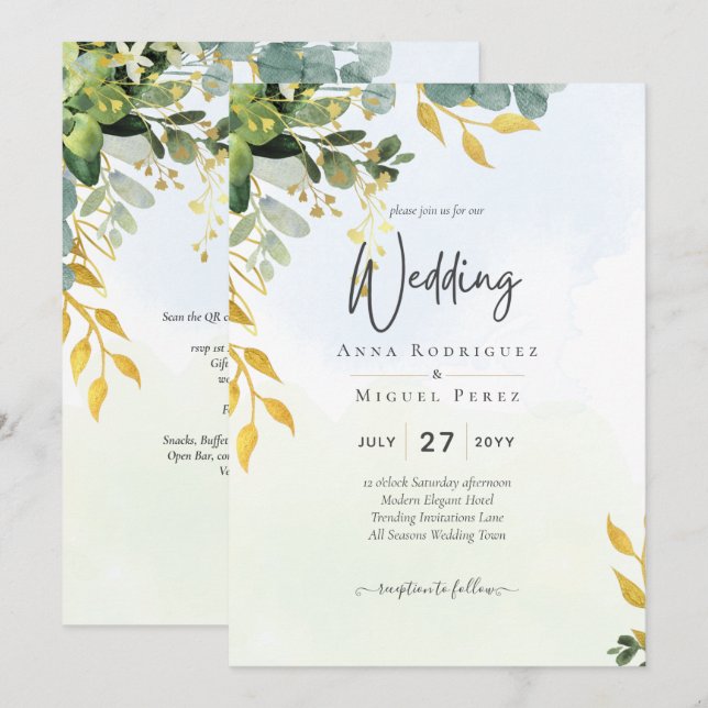 Eucalyptus Green Dourado Convite de casamento Gree (Frente/Verso)