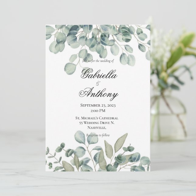 Eucalyptus Greenery Convites para Casamento Modern (Em pé/Frente)