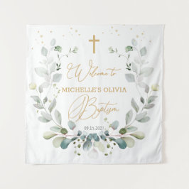 Eucalyptus Greenery Cross Baby Baptism Tapeçaria