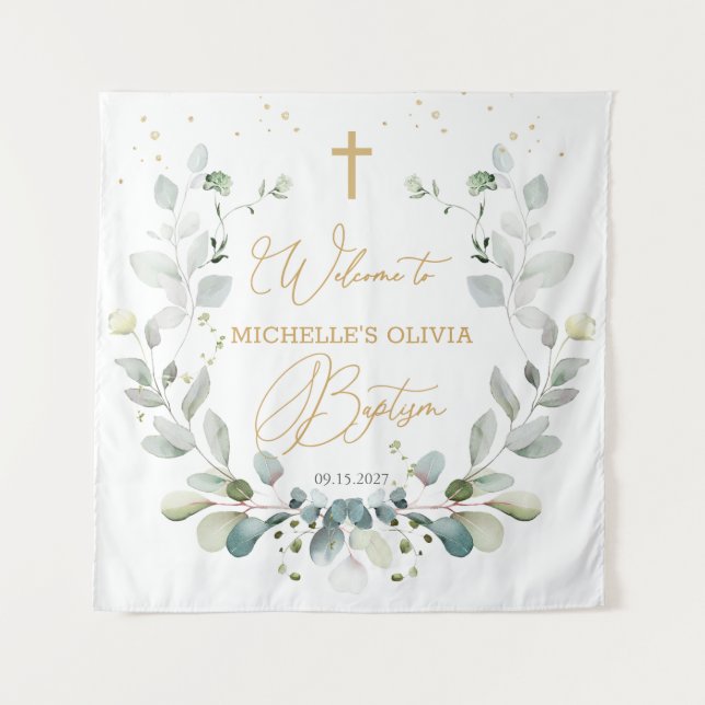 Eucalyptus Greenery Cross Baby Baptism Tapeçaria (Frente)