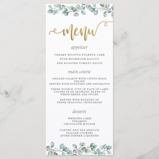 Eucalyptus Greenery deixa Dourado Menu Casamento (Frente)
