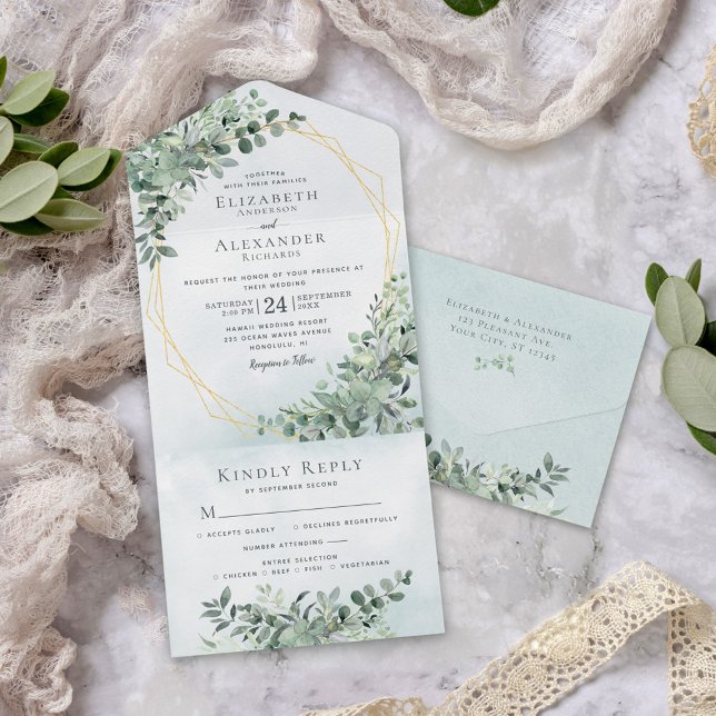 Eucalyptus Greenery Dourado Tudo em Um Convite de  (Criador carregado)