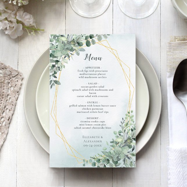 Eucalyptus Greenery Gold Elegant Wedding Menu (Criador carregado)