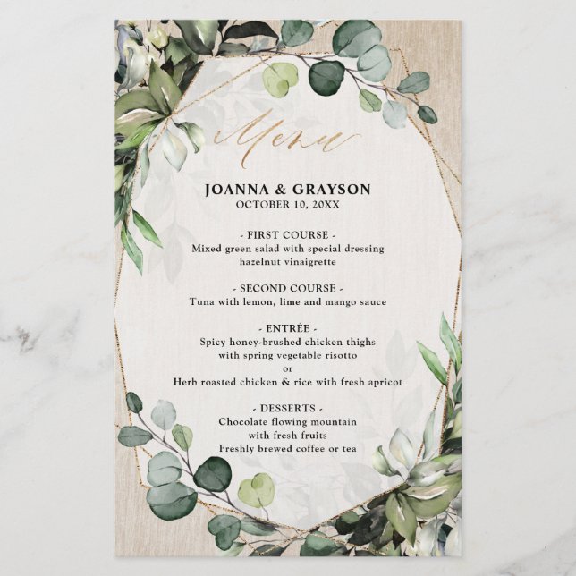 Eucalyptus Greenery moderno menu de casamento geom (Frente)