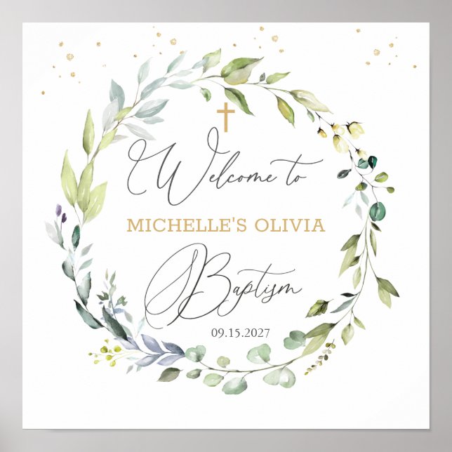 Eucalyptus Herbal Cross Baby Baptism Poster (Frente)