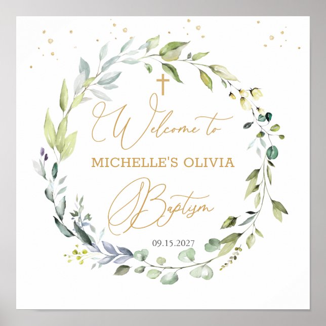 Eucalyptus Herbal Cross Baby Baptism Poster (Frente)