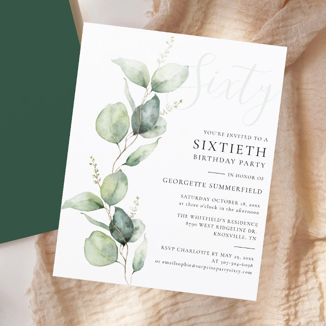 Eucalyptus Mãe 60º Convite de aniversário (Modern Sage Green Eucalyptus 60th Birthday Party Invitation)