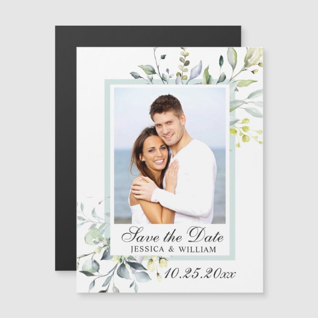 Eucalyptus PHOTO Save the Date Magnetic Card (A FO (Frente/Verso)