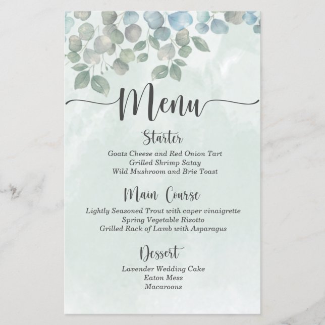 Eucalyptus sage green watercolor Menu Casamento (Frente)