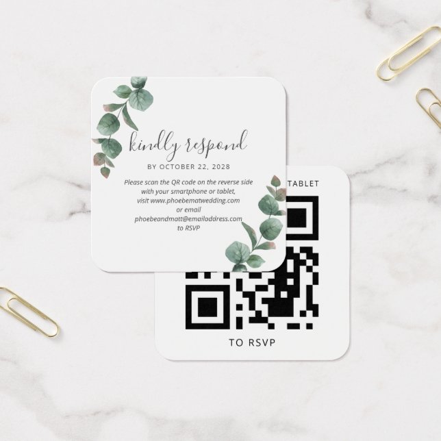 Eucalyptus Script Greenery Wedding Código QR RSVP (Escritótio)