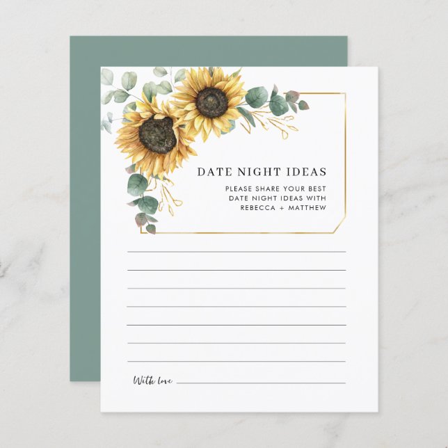 Eucalyptus Sunflower Wedflower Date Ideas Card (Frente/Verso)