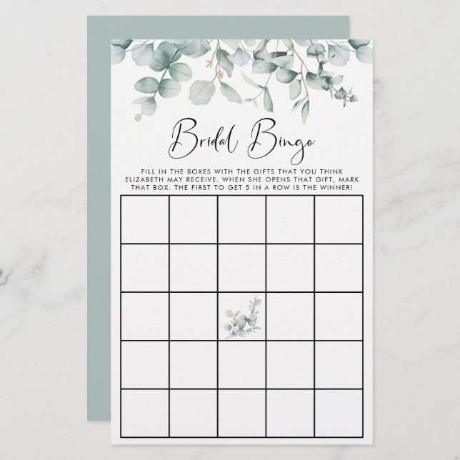 Eucalyptus Watercolor Bridal Bingo - Jogo de Chá (Frente/Verso)