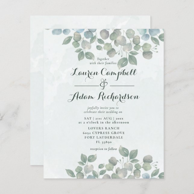 Eucalyptus Watercolor Sage Casamento Verde (Frente/Verso)