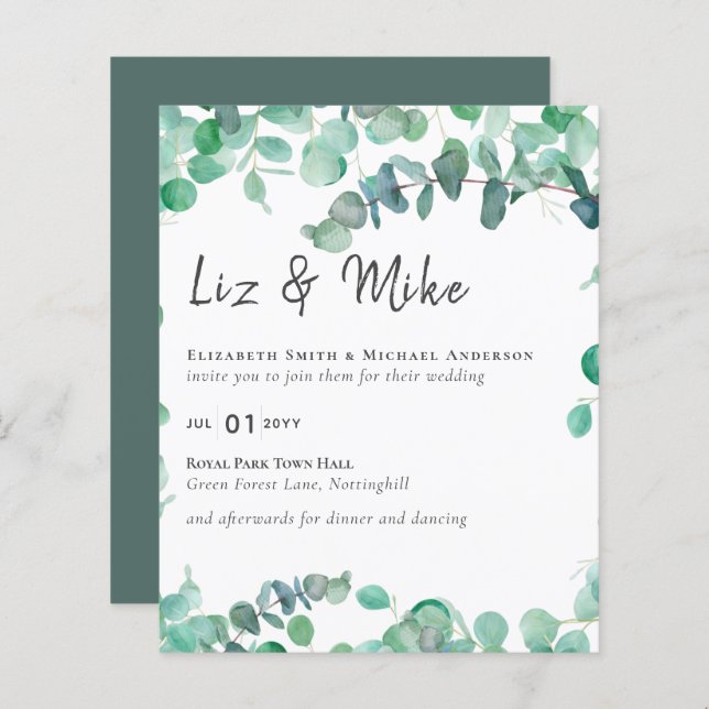 Eucalyptus Wedding Invitation Budget Greenery Leaf (Frente/Verso)