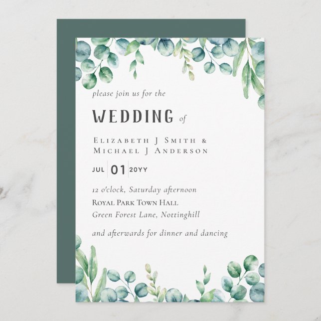Eucalyptus Wedding Invitation Budget Greenery Leaf (Frente/Verso)
