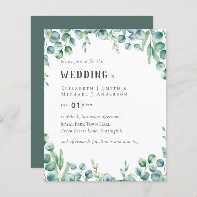 Eucalyptus Wedding Invitation Budget Greenery Leaf (Frente/Verso)
