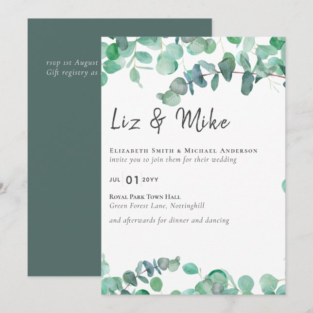 Eucalyptus Wedding Invitation Budget Greenery Leaf (Frente/Verso)