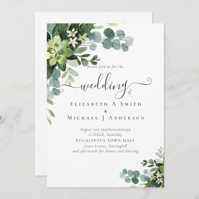 Eucalyptus Wedding Watercolor Vergy Convites (Frente/Verso)