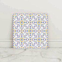 European Floral Blue and Gold Geometric Mosaic