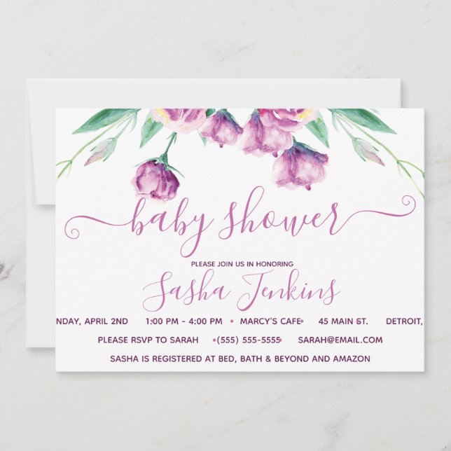 Eustoma púrpura Chá de fraldas Floral Convite (Frente)