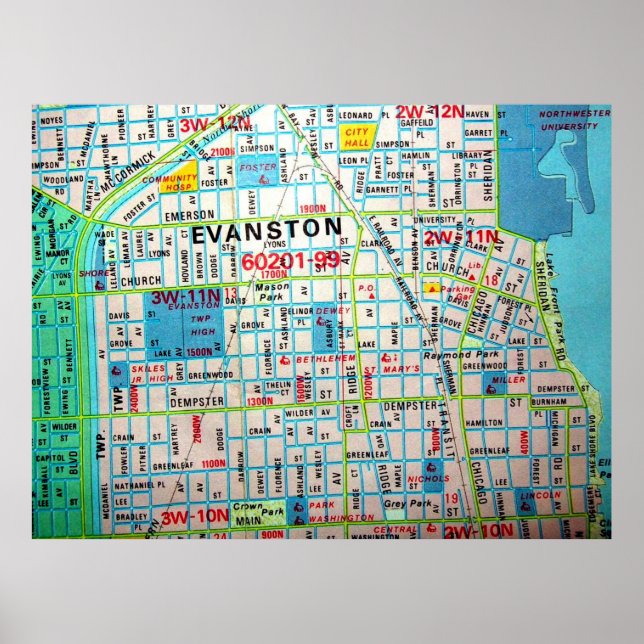EVANSTON, IL Vintage Map Poster (Frente)