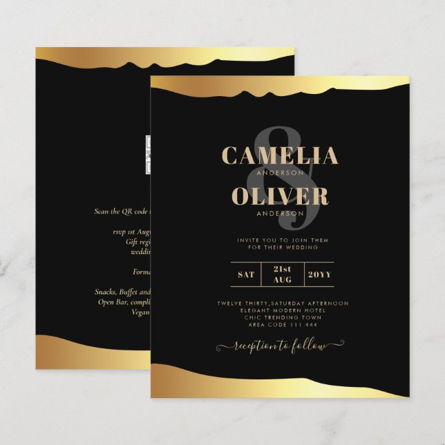 Evento Elegante de Espelho Ouro de Casamento Preto (Frente/Verso)