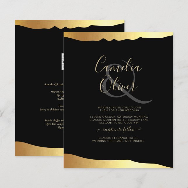 Evento Elegante de Espelho Ouro de Casamento Preto (Frente/Verso)