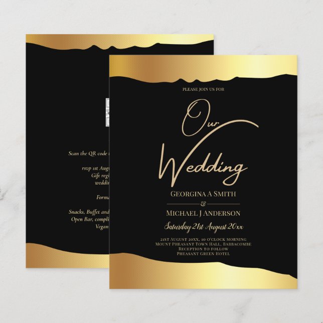 Evento Elegante de Espelho Ouro de Casamento Preto (Frente/Verso)