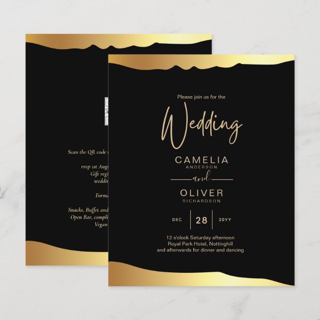Evento Elegante de Espelho Ouro de Casamento Preto (Frente/Verso)