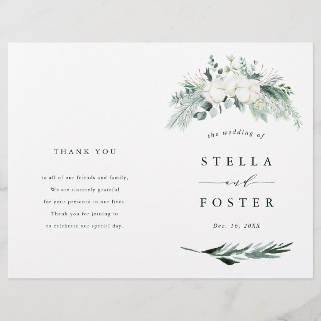Evergreen & Cotton Flowers Elegant Wedding Program (Frente)